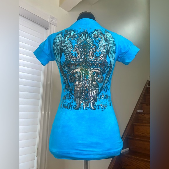 Swarovski Crystal Embellished Cross T Shirt For Women, Blue Short Sleeve Shirt - Picture 5 of 16